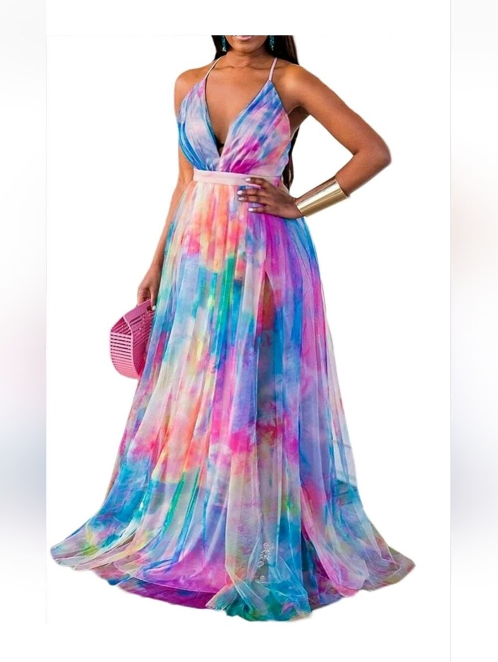 Women's Sexy Plunge V-Neck Spaghetti Straps Multicolor Tulle Swing Maxi Dress 2X